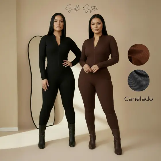 Macacão Feminino Manga Longa Canelado Premium Moda Gringa