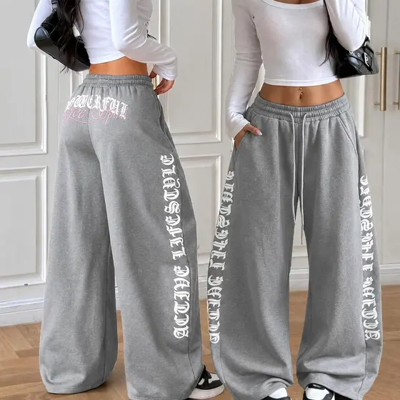 Calça Wide Leg Baggy Moletom Feminina Casual Moda Street Letras Rapper Hip Hop Barra Larga Flanelada Confortável