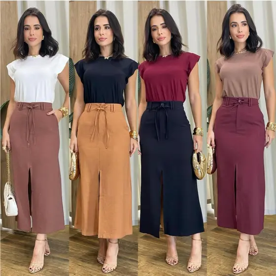 Saia Midi fenda frontal , saia com laço fino, saia social, saia com fenda