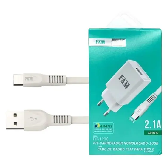 Kit FAM Carregador De Parede + Cabo De Carregamento USB Tipo C E USB-A 2.1A FKT-120C Branco