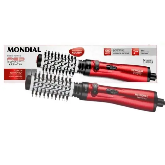 Escova Secadora Rotativa Mondial ER-11-KR Red Infinity Keratin 3 EM 1 1000W Cabo 360° Vermelha  220V