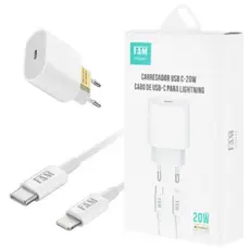 Kit FAM Carregador De Parede USB-C + Cabo De Carregamento USB Tipo C E USB Lightning FKT-PD525 Branco