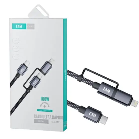 Cabo De Carregamento E Transferência De Dados FAM FCA-2203 USB C Lightning 100W 2 Em 1 1.2M Preto