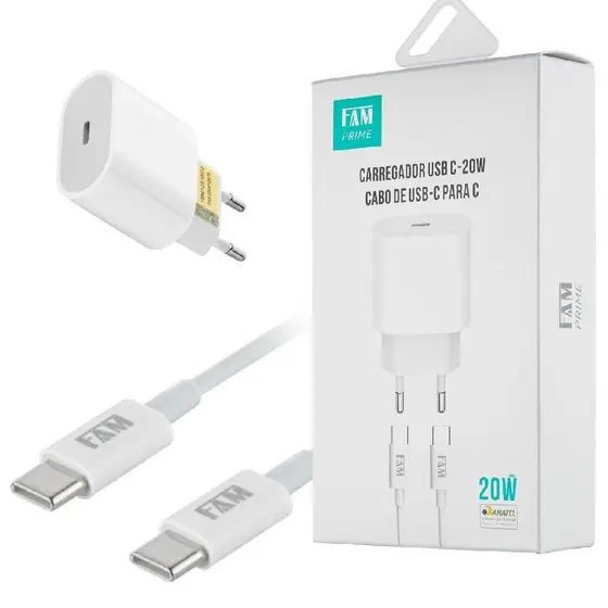 Kit FAM Carregador De Parede + Cabo De Carregamento USB Tipo C E USB Tipo C  FKT-PD52C Branco.