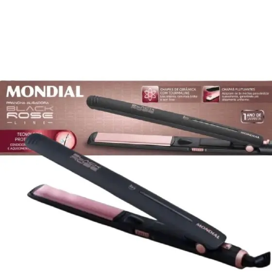 Prancha/Chapinha Alisadora Mondial Black Rose P-27 Cerâmica 220°C C/Emissão de Íons Bivolt.