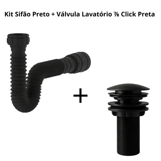 Kit Sifão Flexivel + Valvula Lavatorio '7/8 CLICK - Sanfonado Ajustavel Para Pia Cozinha Banheiro Cuba - Preto
