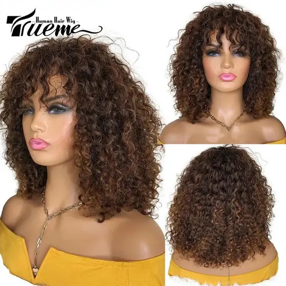 Perucas de Cabelo Humano Trueme Curto Cacheado Bob Cabelo Curto com Franja Perucas Feitas à Máquina Completa Destaque Lo