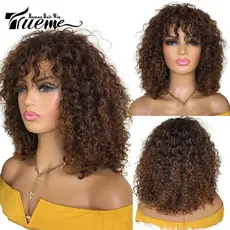 Perucas de Cabelo Humano Trueme Curto Cacheado Bob Cabelo Curto com Franja Perucas Feitas à Máquina Completa Destaque Lo