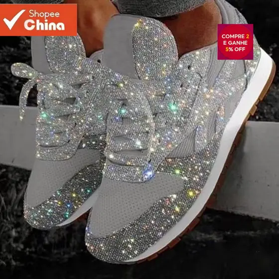 Sapatos Casuais de Lantejoulas Muffin Novo Estilo de Primavera Strass Respirável Comércio Exterior WATB