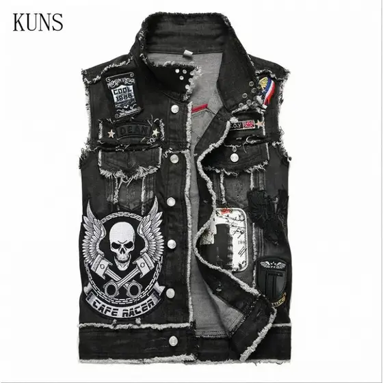 Colete Jeans Punk Masculino 2026 com Bordado de Caveira Preta, Ajuste Slim, Sem Mangas, Moda Masculina J2868 UM NZEY