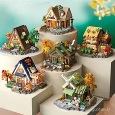 Compatível com blocos de construção de casas de madeira LEGO Forest, blocos de construção de cenas de rua, moinho de ven
