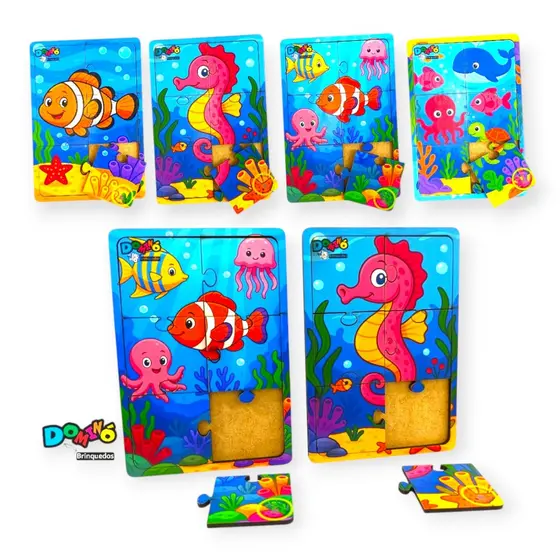 Kit 4 Quebra Cabeça Peixes Fundo do Mar Vida Marinha Madeira Com 6 Peças