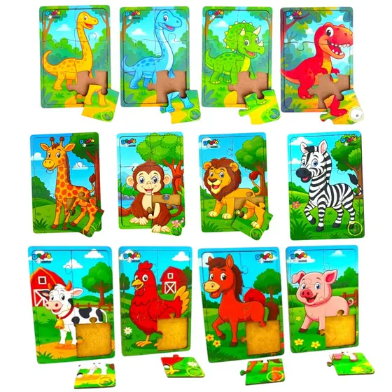 Kit 12 Quebra Cabeça em Mdf 6 Peças Jogo Pedagógico Infantil Lúdico Educativo DINOSSAURO FLORESTA FAZENDA
