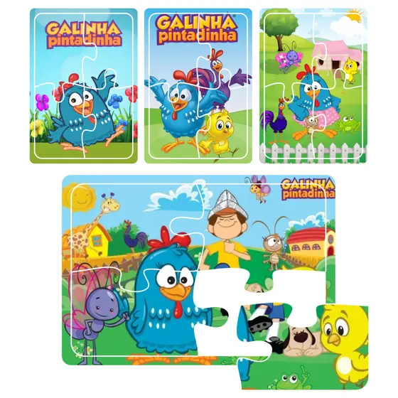 Kit 4 Quebra Cabeça Galinha Pintadinha Madeira Com 4 Peças Meu Primeiro Quebra Cabeça