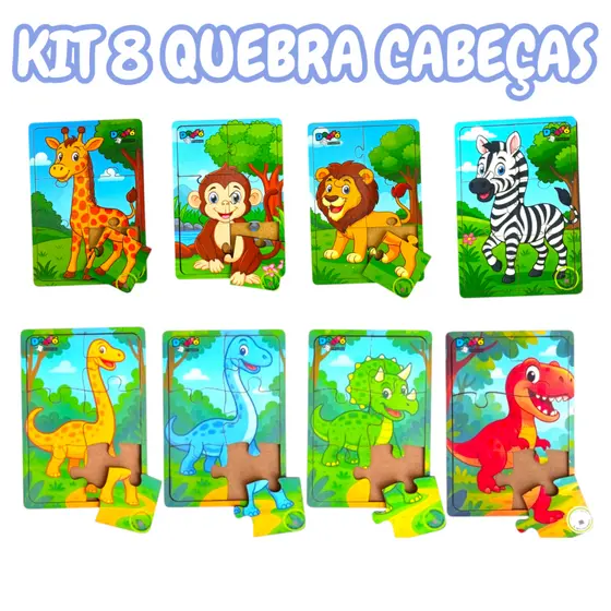 Kit 8 Quebra Cabeça Animais Dinossauro Floresta Madeira Com 6 Peças