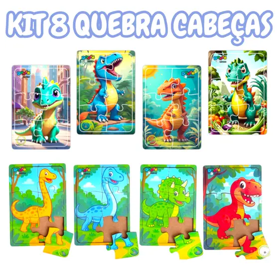 Kit 8 Quebra Cabeça Animais Dinossauro Madeira Com 6 Peças
