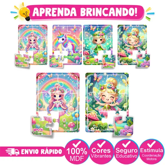 Kit 4 Quebra Cabeças Fadas Fadinhas Madeira Com 6 PeçasJogos para Meninas