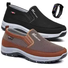 Kit 2 Pares Tenis Sapatilha Mocassin Masculino Moderno Sport Com Solado Ortopedico Flex Com Anti-Impacto Macio + Relogio