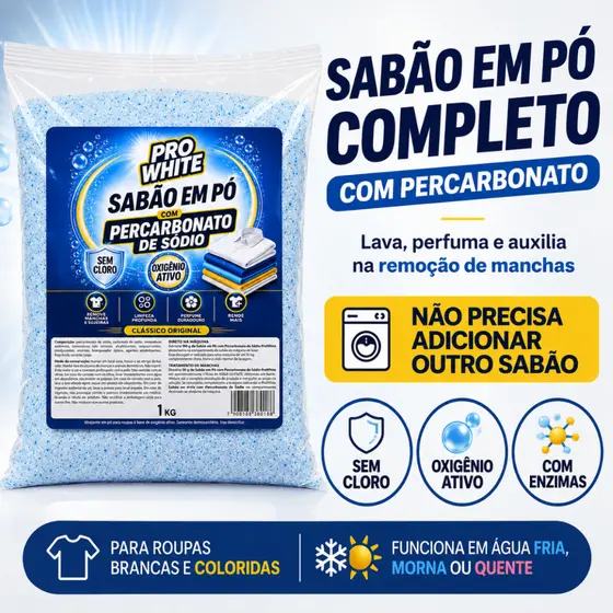 Sabão em Pó Com Percarbonato de Sódio Lava Roupas Brancas Coloridas 1KG