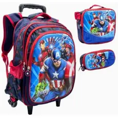 Kit Mochila Escolar 3D Infantil Menino Personagem Capitão América com rodinhas de silicone