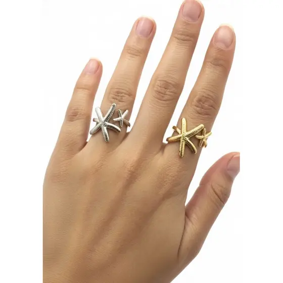 Anel Oceano Estrela do Mar em Aço Inoxidável ou Dorado Folheado | Ajustável | Resistente à Água | Estilo Praia
