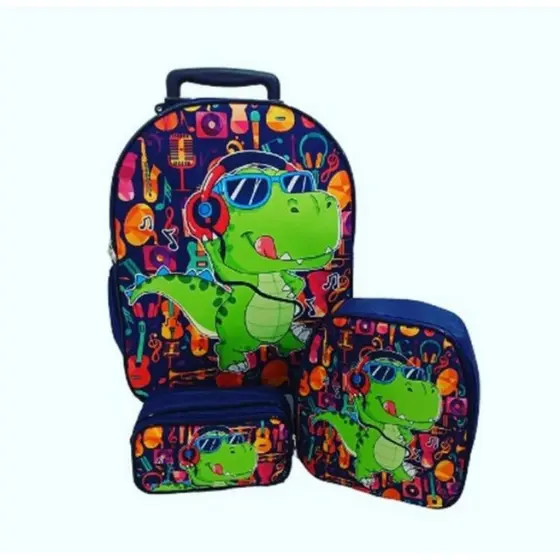 KIT ESCOLAR DINO FONE MOCHILA COM CARRINHO + LANCHEIRA + ESTOJO