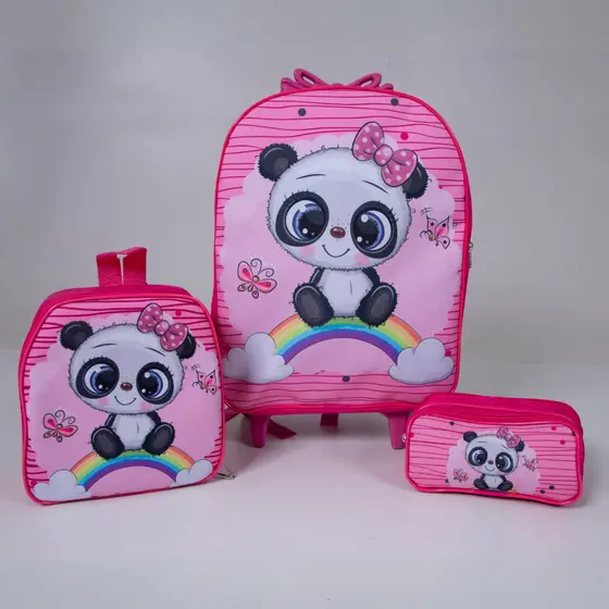 KIT ESCOLAR PRINCESA PANDA SEREIA MOCHILA COM RODINHAS LANCHEIRA E ESTOJO