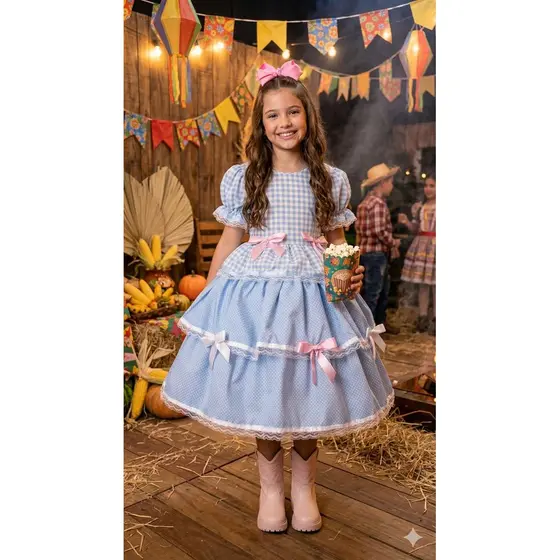 Vestido Junino Mimadine Luxo Stefanny Azul Bebe Festa Junina São João
