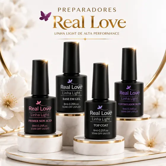 Kit Preparadores Real Love Light Base Gel Top Coat Primer Non Acid Controlador de PH 8ml