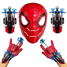 Kit Com 2 Luva Com Lançador De Teia Do Homen Aranha + Mascara Spider Man Conjunto Super Herói