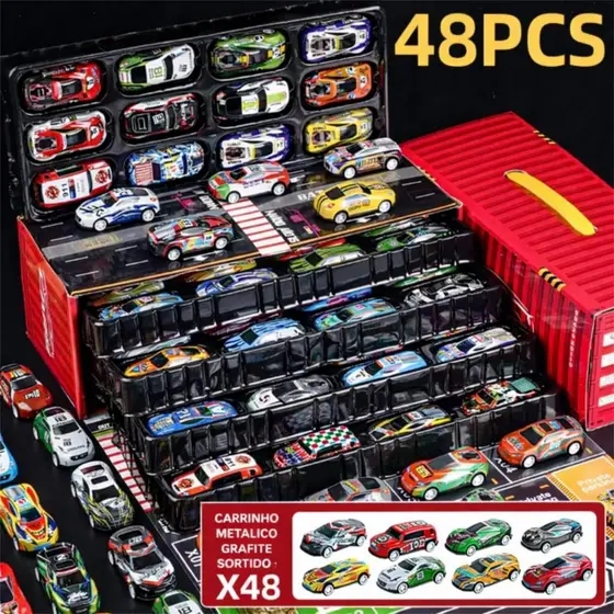 Kit 48 Carrinhos Metálicos Com Maleta E 2 Pistas Caixa Vira Mapa Brinquedo Infantil Kit Mini Carrinho Container