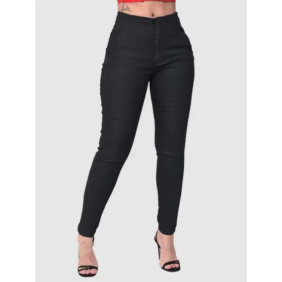 Calça Skinny Resinado Preta Bolso Cintura Alta Básica Lycra Modela Tendência Fashion Virginia