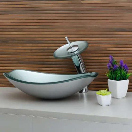 CONJUNTO CUBA BANHEIRO LAVABO CHANFRADA VIDRO + TORNEIRA CASCATA E VÁLVULA CLICK INOX