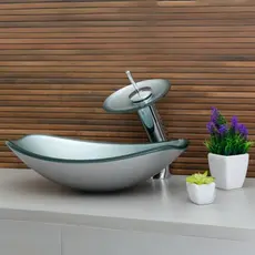CONJUNTO CUBA BANHEIRO LAVABO CHANFRADA VIDRO + TORNEIRA CASCATA E VÁLVULA CLICK INOX