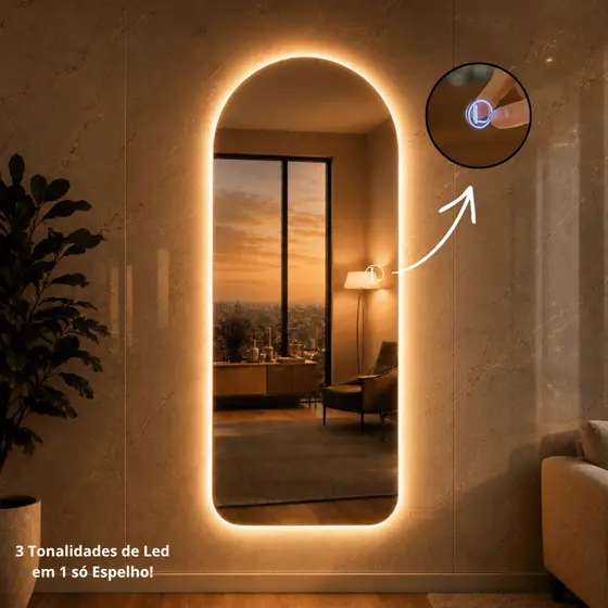 Espelho Lopazzi Orgânico 110x50 Corpo Inteiro com 3 Tonalidades de Led para Decoração Banheiro Closet Salão Penteadeira