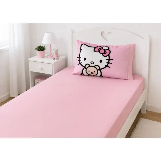 Jogo de Lençol com elástico e Fronha Ponto Palito 2 peças Solteiro Hello Kitty Toque Macio