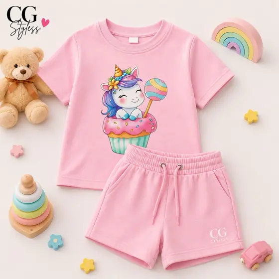 Conjunto Infantil Feminino Camiseta e Short Moletinho Unicórnio | Roupa Menina Confortável Casual 2 ao 16