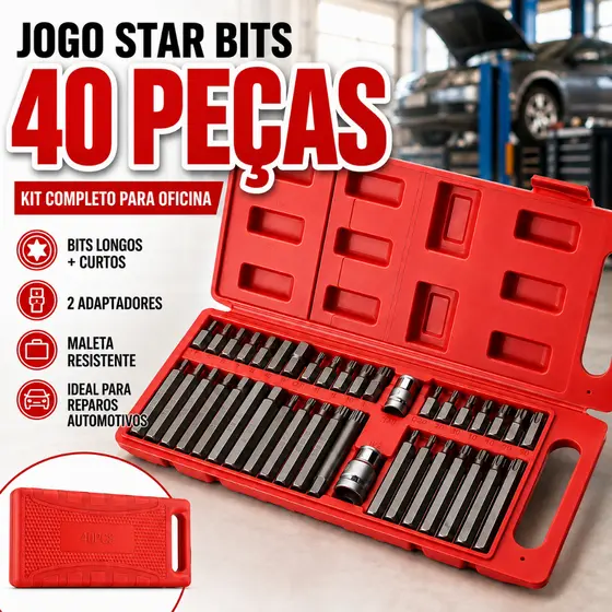 Kit 40 Peças Jogo de Bits Torx e Allen Multidentada com Várias Medidas - Kit Ferramentas para Chave de Fenda