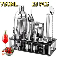 Cocktail Bar Utensilios Kit 23 Peças Inox Coqueteleira 750ml Profissional + Suporte Sacador Dosador