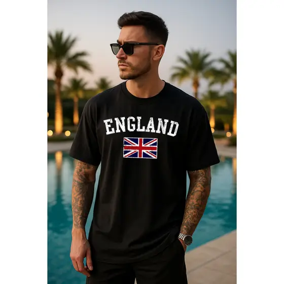 Camiseta Masculina Streetwear England Inglaterra Bandeira Estampada Camisa Manga Curta Tecido Algodão 100%