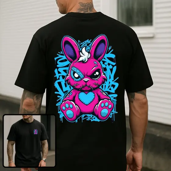 Camiseta Masculina Streetwear 100% Algodão Estampada Coelho Rosa Nas Costas Camisa Unissex Premium