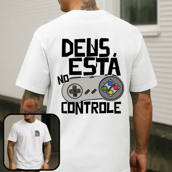 Camiseta Masculina Streetwear 100% Algodão Estampada Deus no Controle Camisa Unissex Premium
