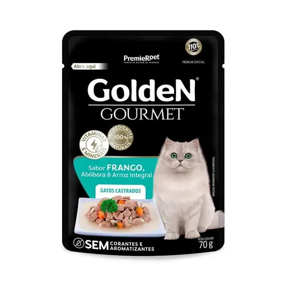 Ração Úmida Gourmet para Gatos Castrados Sabor Frango, Abóbora e Arroz Integral 70G Golden