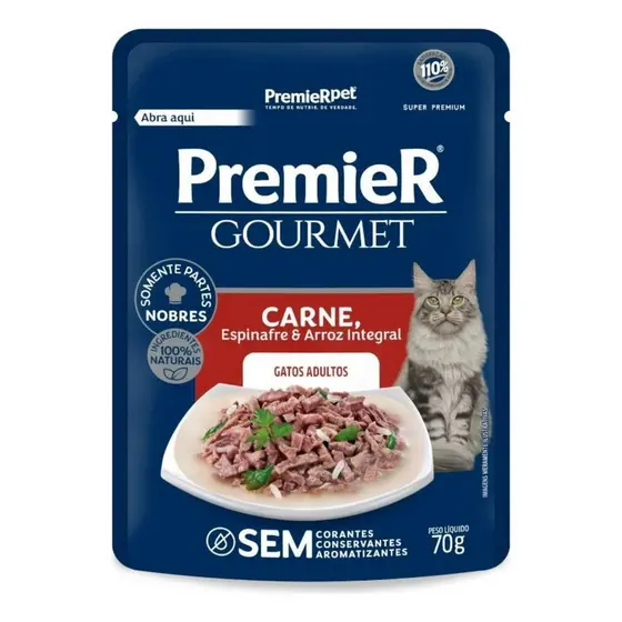 Ração Úmida para Gatos Castrados Adultos Carne, Espinafre e Arroz Integral Gourmet 70G Premier