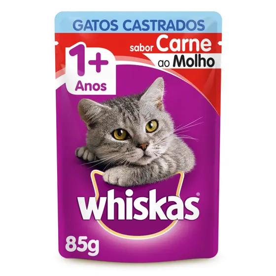 Ração Úmida Whiskas Sachê Carne ao Molho para Gatos Adultos Castrados 85 g