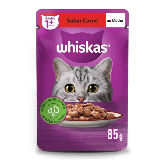 Ração Úmida Sachê Carne ao Molho para Gatos Adultos 85g Whiskas