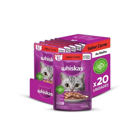 Kit Ração Úmida Carne ao Molho para Gatos Adultos 20 Unidades Whiskas Sachê