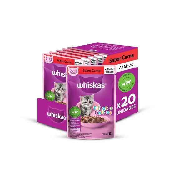 Kit Ração Úmida Carne ao Molho para Gatos Filhotes 20 Unidades Whiskas Sachê