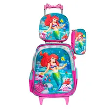 Kit Mochila Infantil Feminina com Rodinhas da Ariel Pequena Sereia + Lancheira Térmica + Estojo