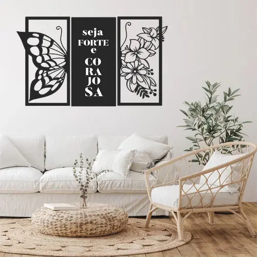 Kit 3 Quadros Borboleta com Frase Seja forte e corajosa Decorativo